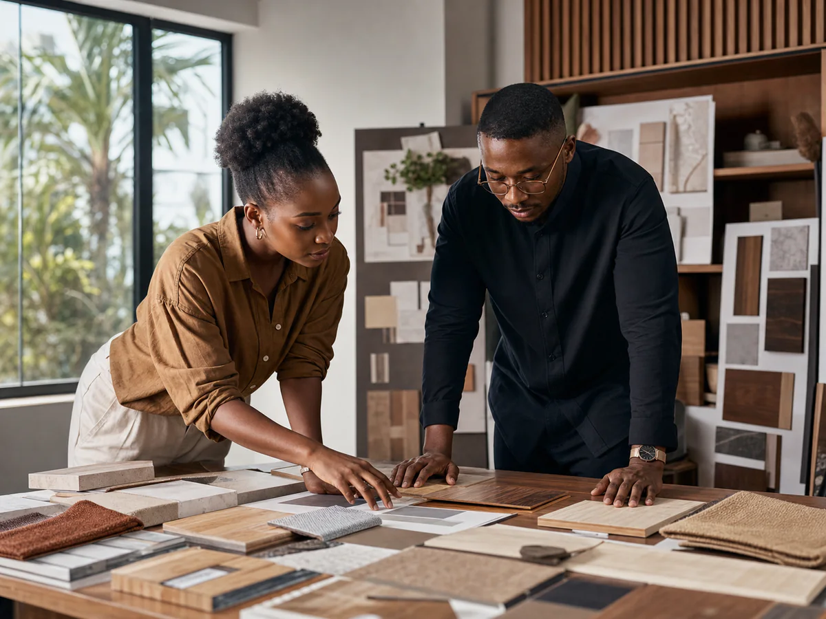 Interior designers reviewing materials in a creative studio
