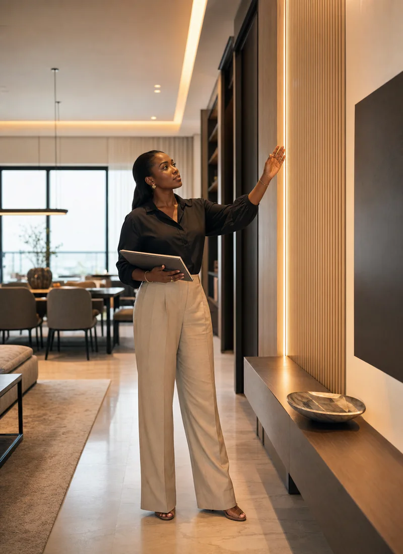 Interior designer inspecting the quality of a completed room